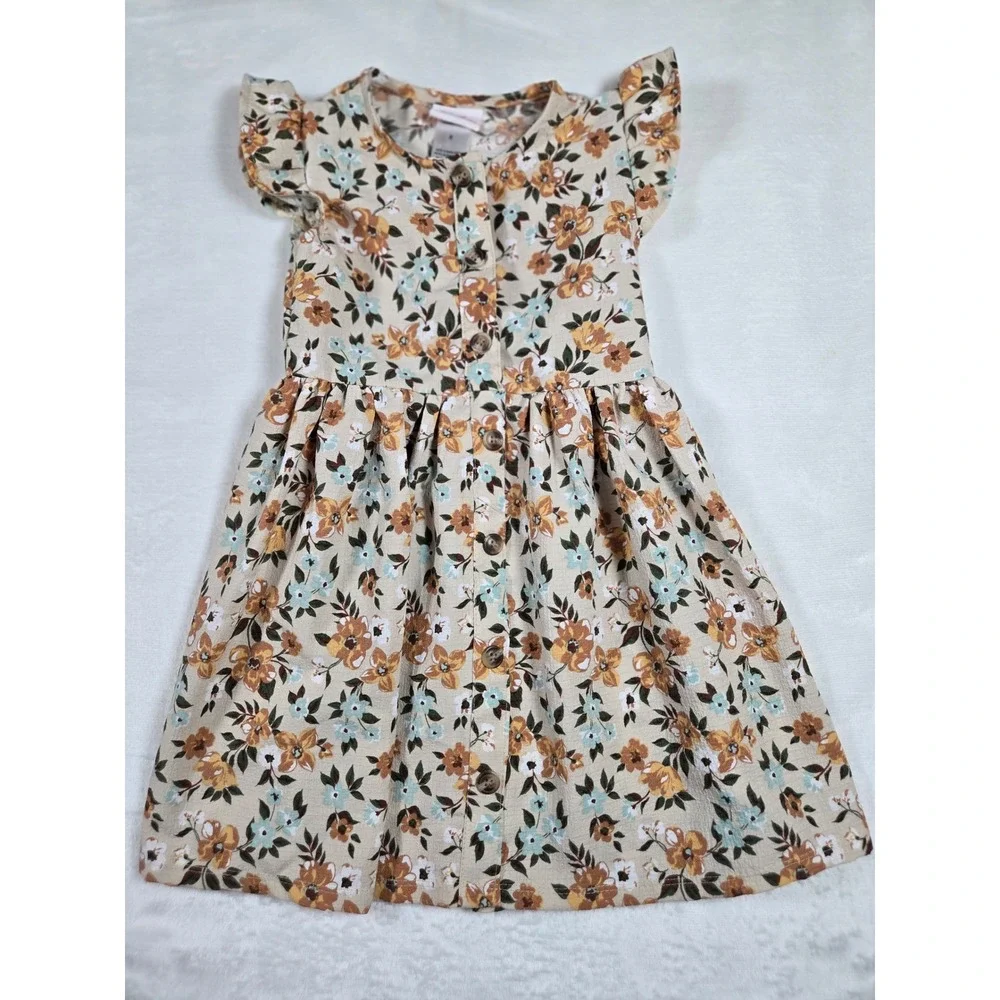 Little Lass Girls‎ Tan Floral Button Front Flutter Sleeve Dress Size 5